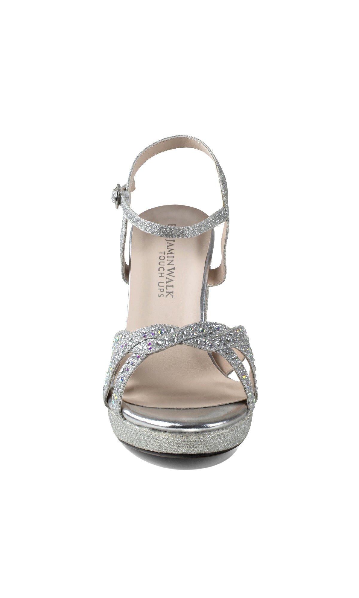 Front view of the Ava Silver Prom Shoes: Touch Ups 4633, featuring a glittery silver finish, high heels, ankle strap, and open toe design.
